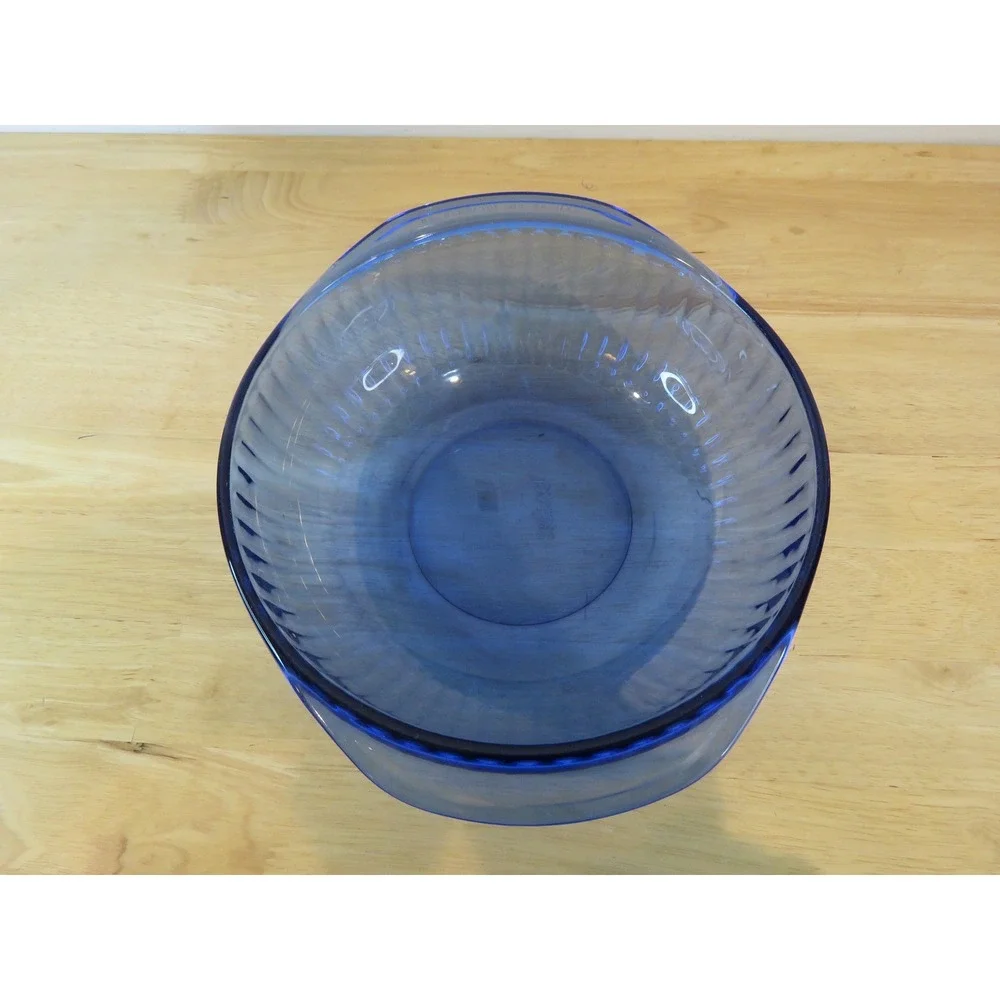 VTG Set of 2 Pyrex Sculptured 2-Quart Casserole Bowls Ribbed Design Cobalt Blue